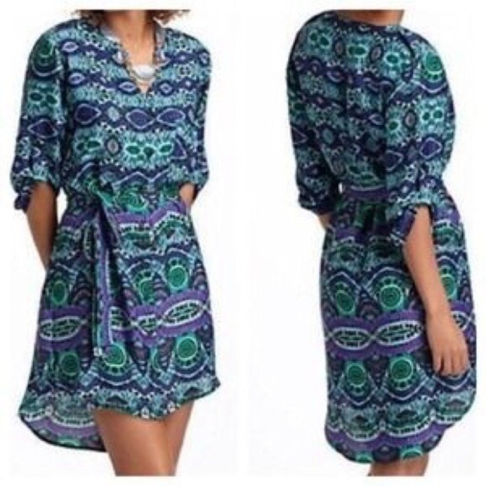 Anthropologie Maeve Ikat Frequencies Button Down Shirtdress Dress w/Belt